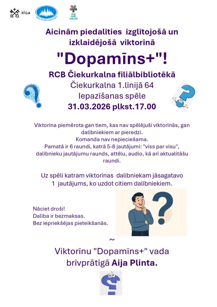 Čiekurkalns aicina uz izglītojošu un izklaidējošu viktorīnu “Dopamīns+”!